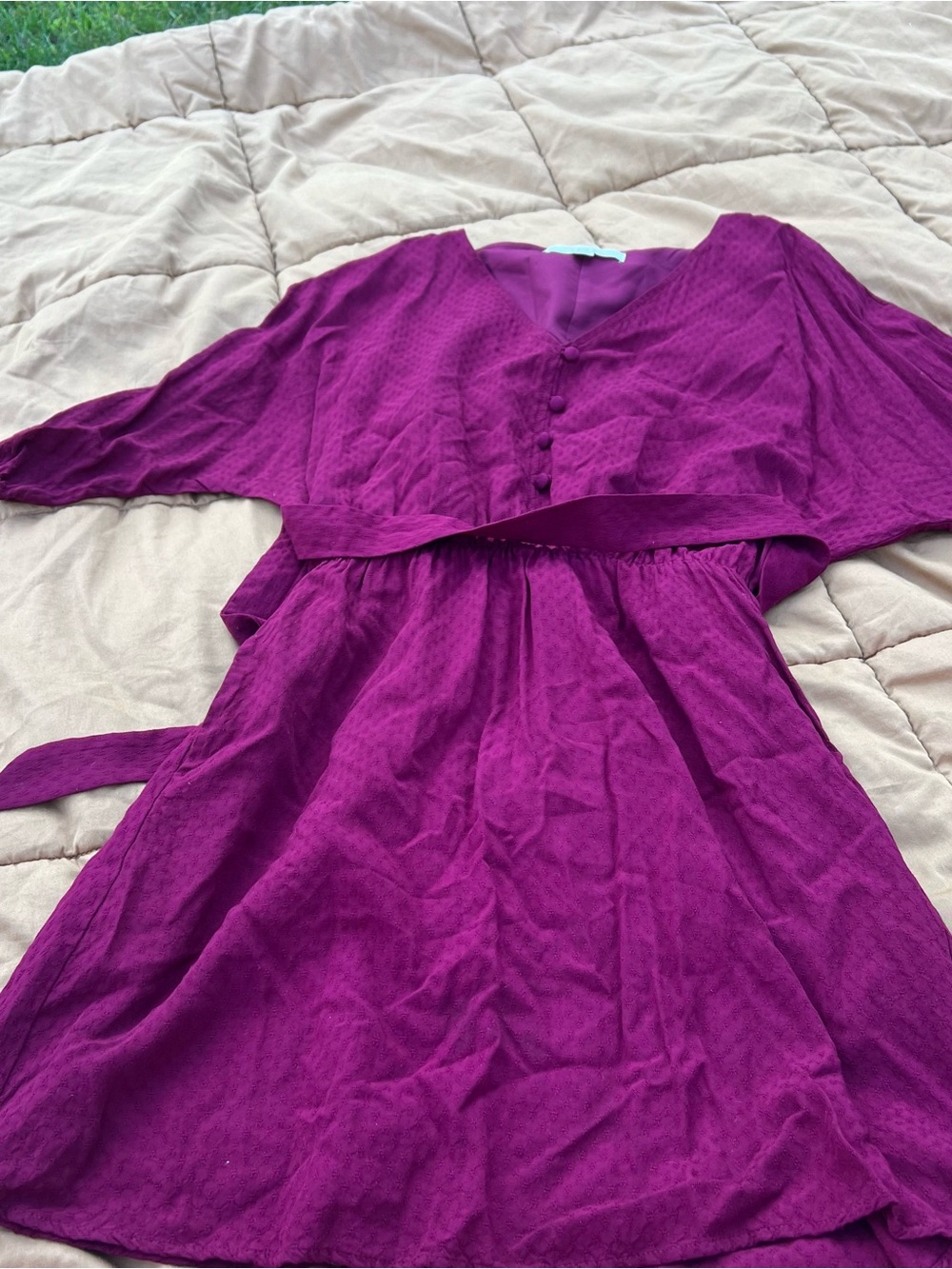 LOFT Magenta V-Neck Puff-Sleeve Textured Mini Dress with Waist Tie Size XS